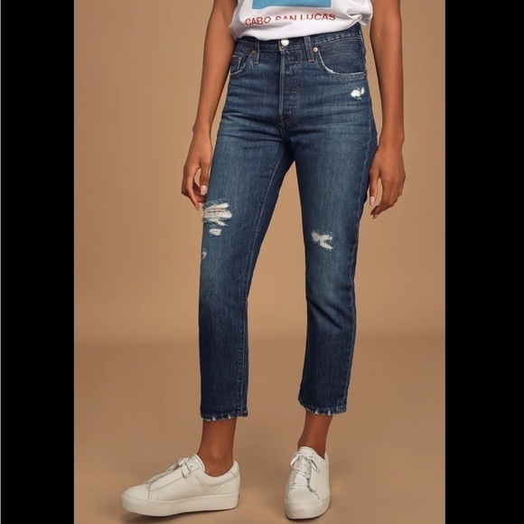 Levi’s 501 Dark Wash Distressed High Rise Straight Leg Cropped Jeans SZ 27 - Picture 1 of 12